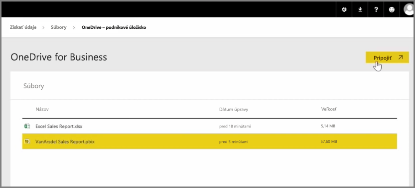 Snímka obrazovky OneDrive for Business výberom súboru PBIX.