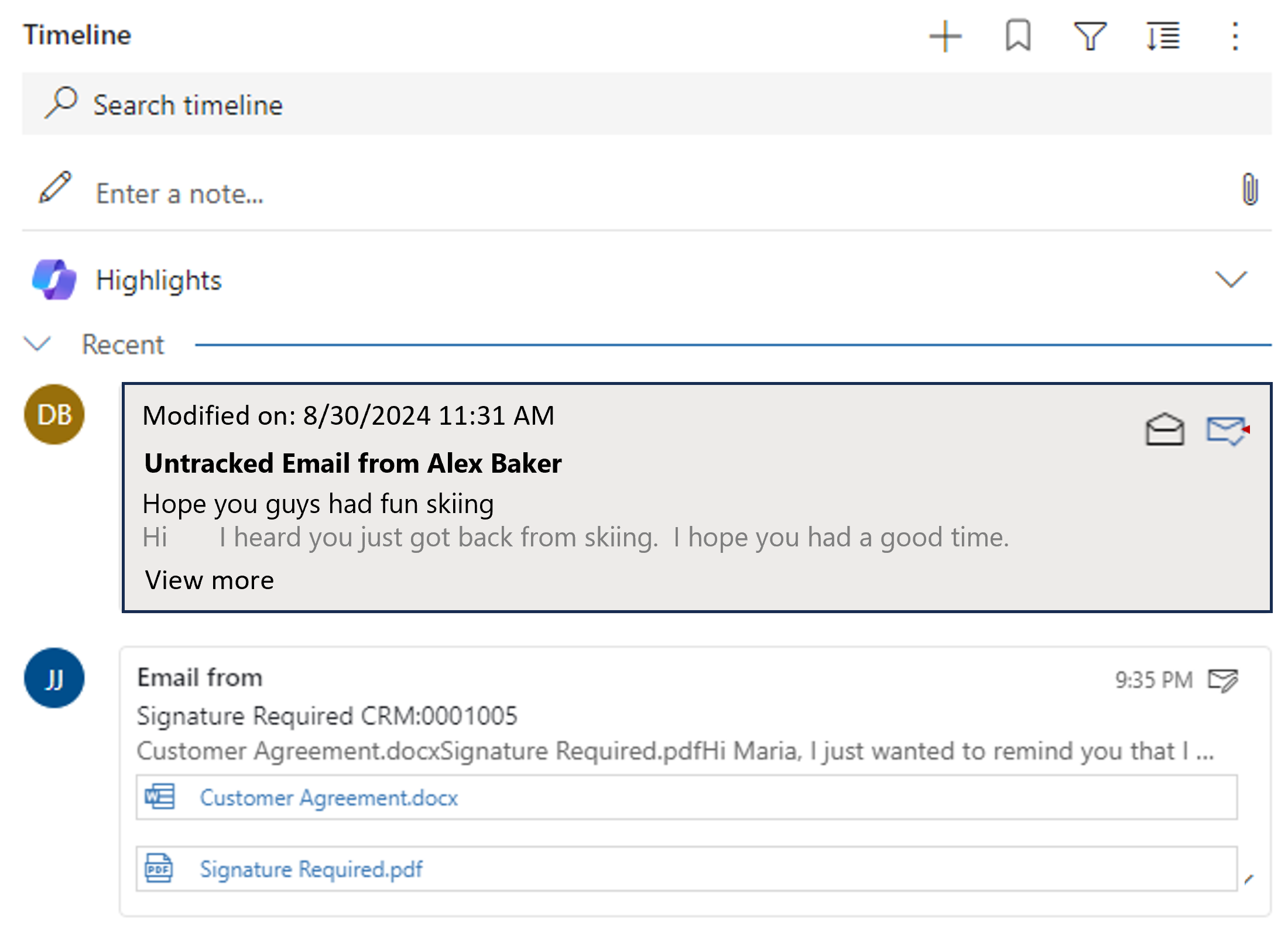 Screenshot of the timeline shows email engagement history.