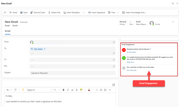 Screenshot of the Email Engagement section highlighted. You can change whether to follow recipient activity, delay send, or set a reminder.