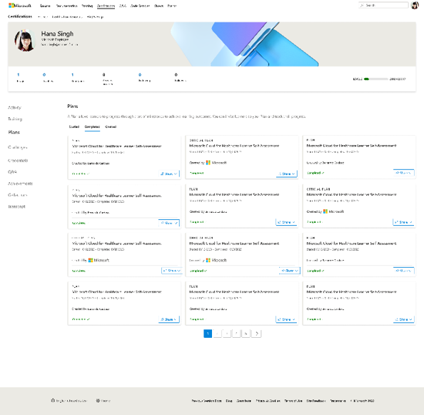 Snímka obrazovky znázorňujúca časť Plány v používateľskom profile Služby Learn, ktorá zobrazuje dokončené plány pre používateľav rámci karty Dokončené na obrazovke Plány.