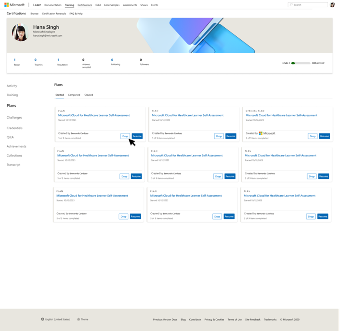 Snímka obrazovky sekcie Plány v používateľskom profile služby Learn, v ktorej sa dozviete, ako zrušiť plán kliknutím na tlačidlo Rozbaľovacia ponuka v pláne