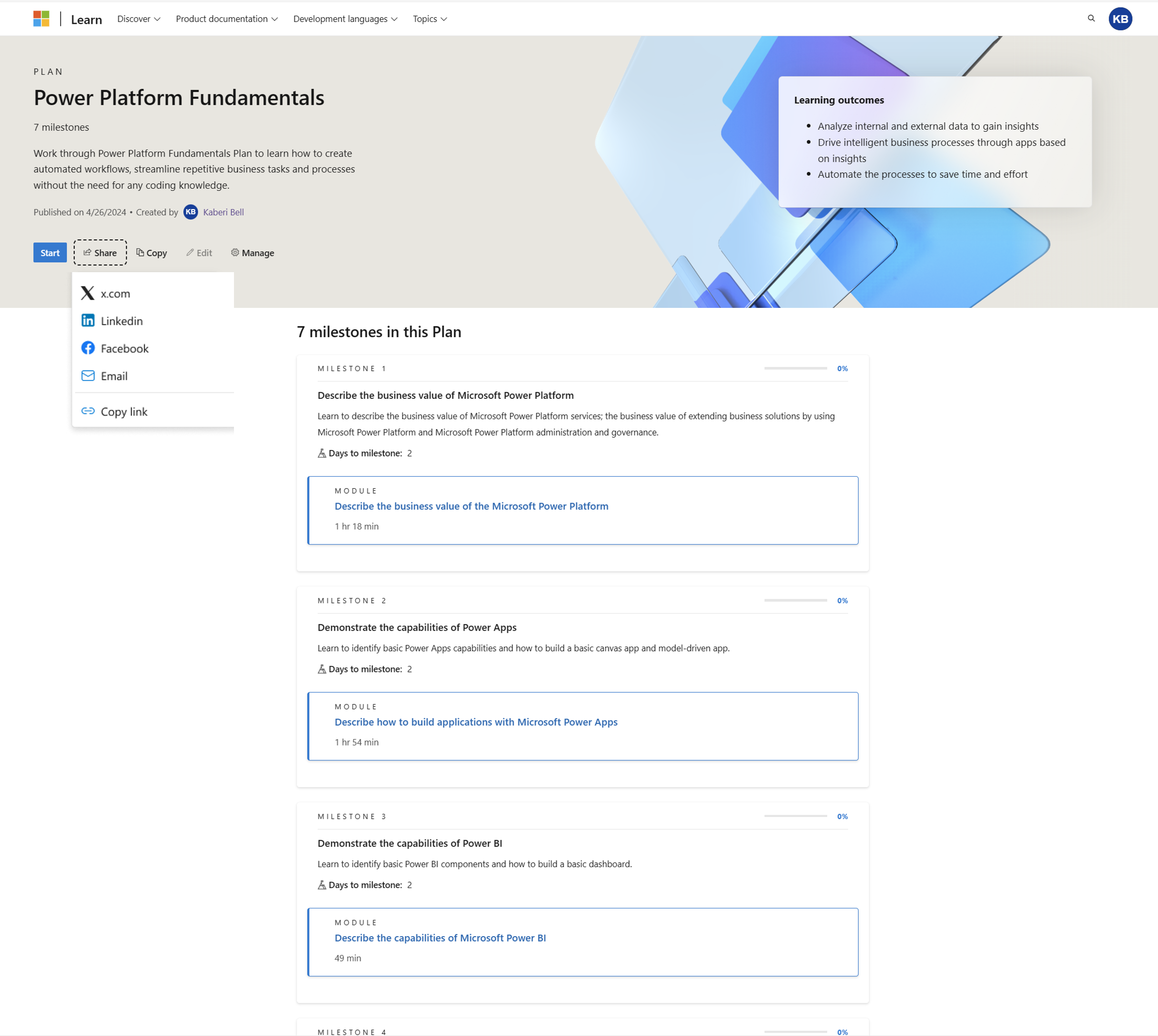 Snímka obrazovky znázorňujúca časť Plány v používateľskom profile služby Learn a tlačidlo Zdieľať