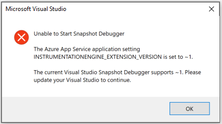 Screenshot of incompatible Snapshot Debugger site extension Visual Studio 2017.