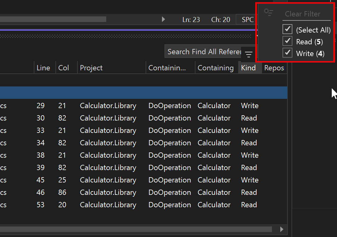 Screenshot of the Find References window. The Kind column is highlighted.