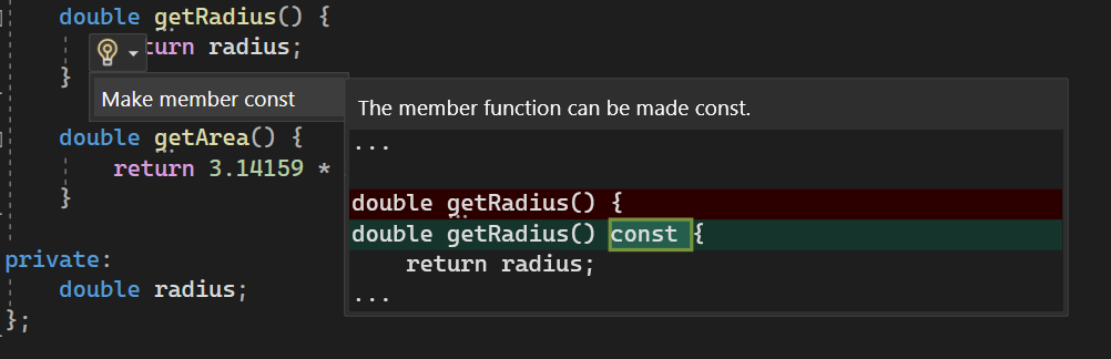Member function const hints lightbulb suggestions