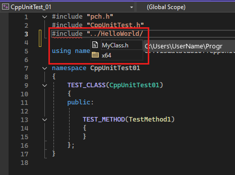 Screenshot of the Solution Explorer showing an #include directive being added with IntelliSense highlighting a header file for inclusion.