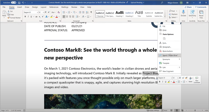 Screenshot showing search in Word through the Search context menu.