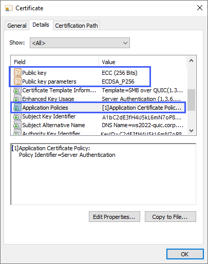 Screenshot of certificate settings under the Detail tab showing Public key value of ECC (256 bits), public key parameters ECDSA-P256 and Application policies 1 application Certificate Policy. 