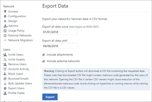 Export page, showing export options.