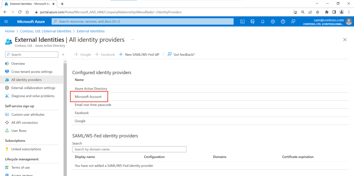 Microsoft account in the identity providers list