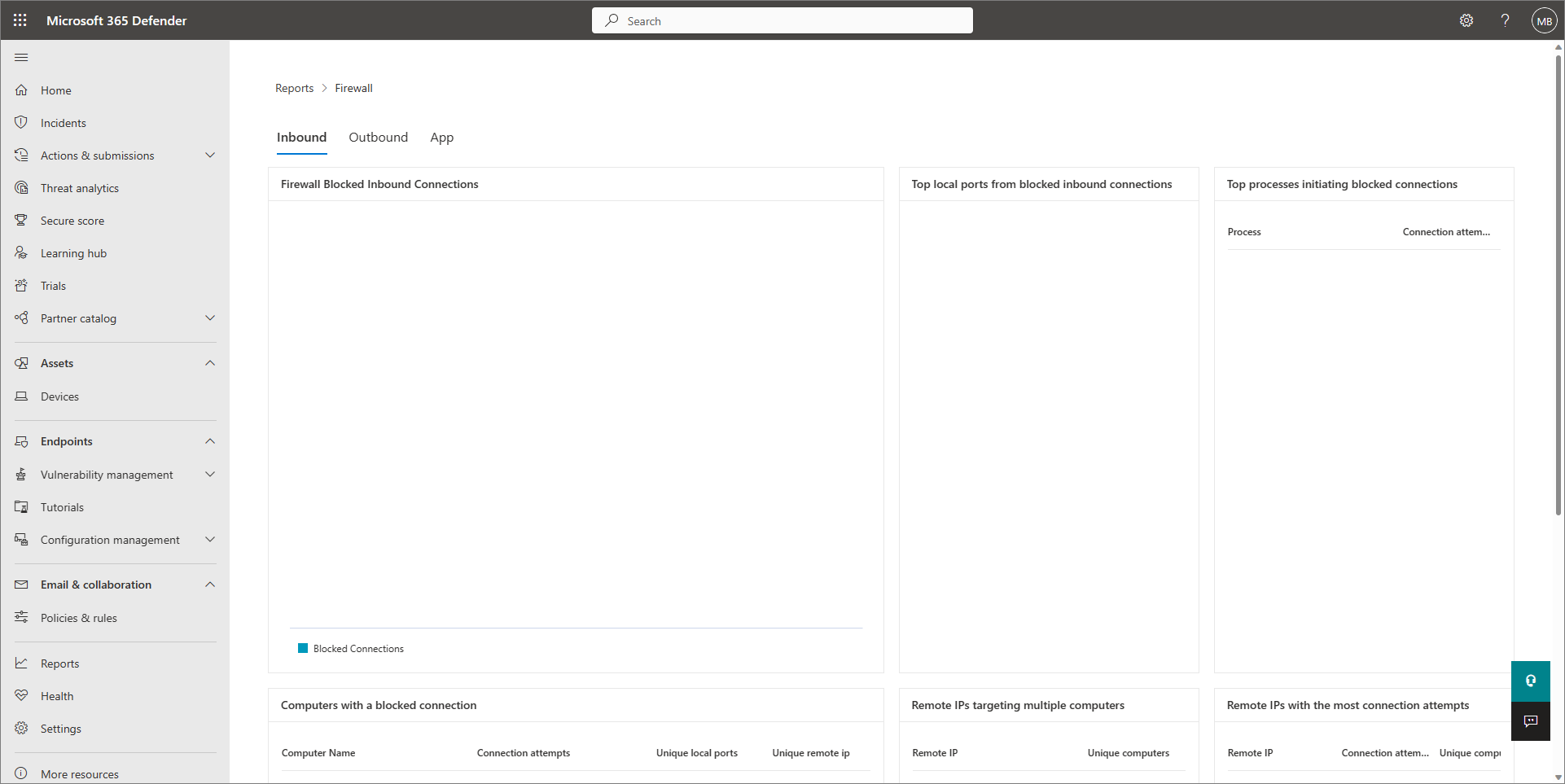 Screenshot of the firewall report in Defender for Business.