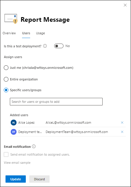 The Users tab on the details flyout of the Report Message add-in in the Microsoft 365 admin center.