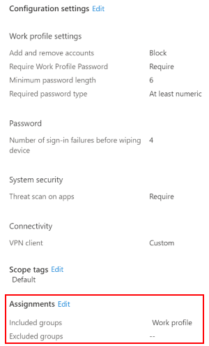 Screenshot that shows how to select assignments to deploy the profile to users and groups in Microsoft Intune.