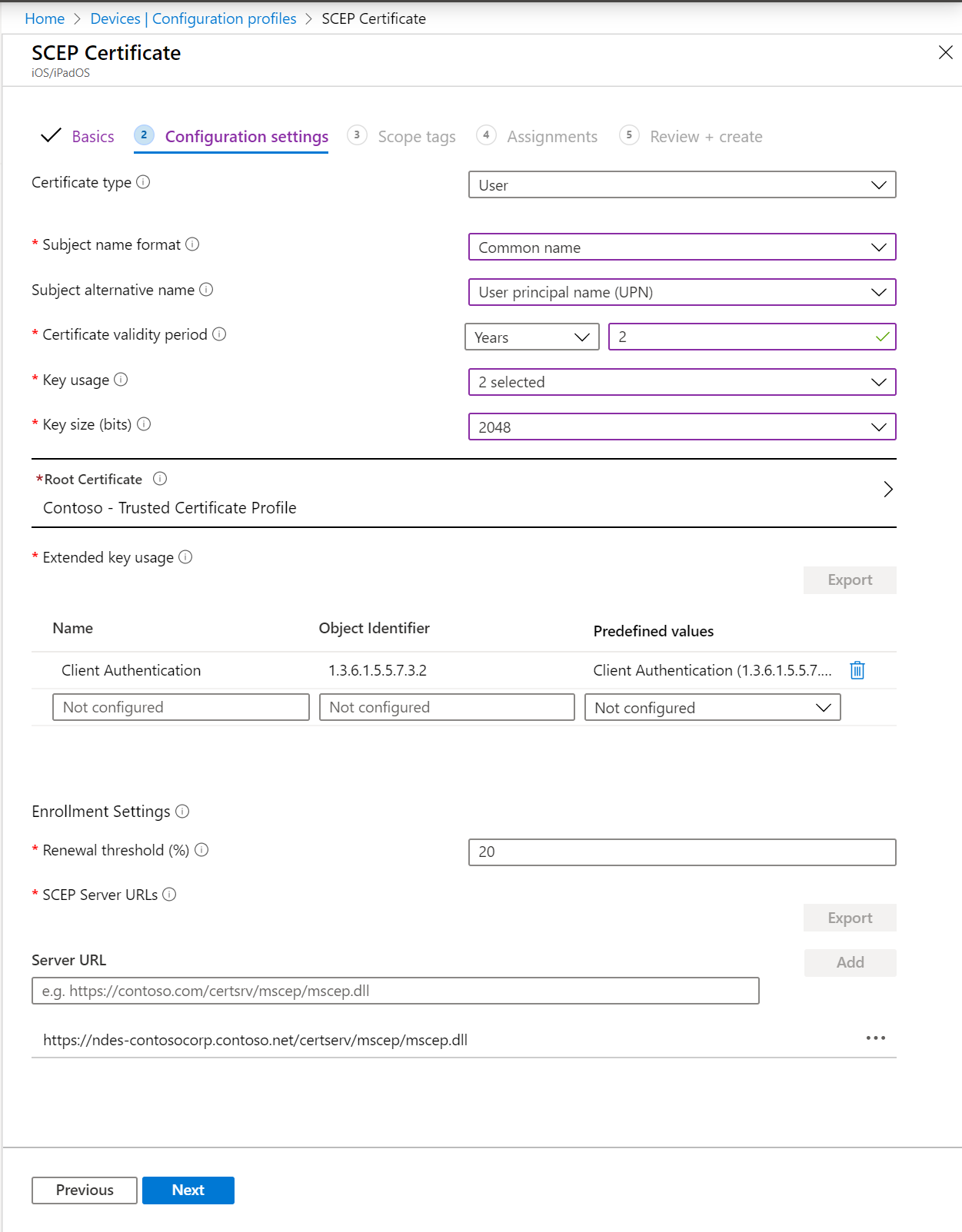 Create a SCEP certificate profile in Microsoft Intune and Intune admin center. Include the subject name format, key usage, extended key usage, and more.