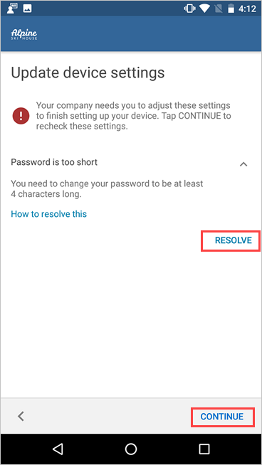 Example image of Company Portal, Update device settings, highlighting Resolve and Continue buttons.