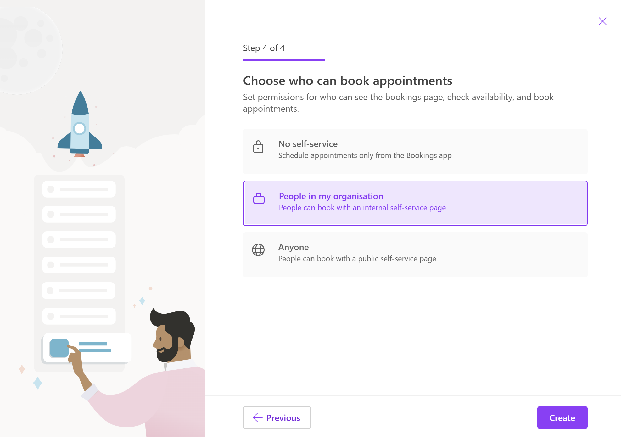 Screenshot showing step four out of four for creating a shared booking page in Microsoft Bookings