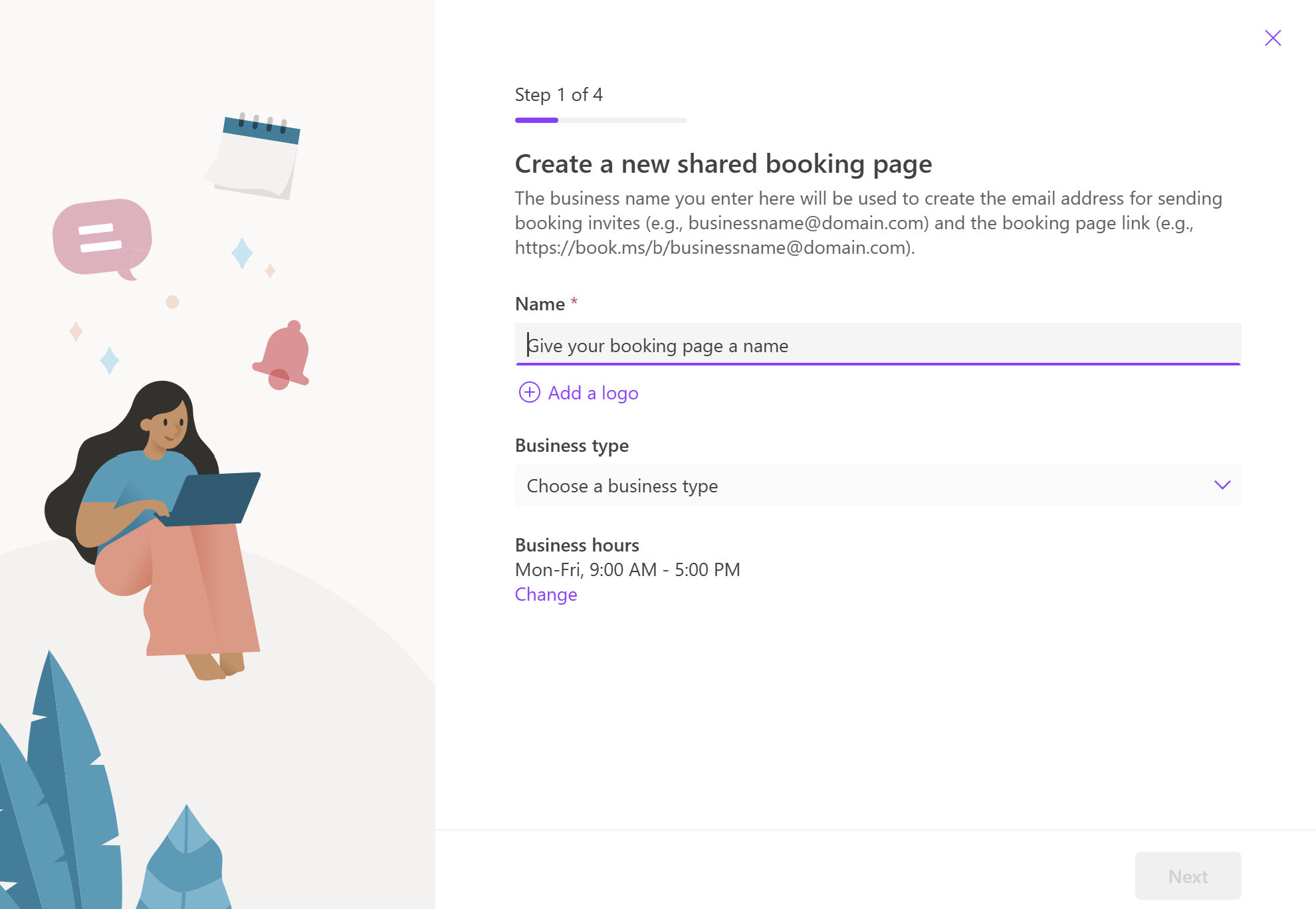 Screenshot showing step one out of four for creating a shared booking page in Microsoft Bookings