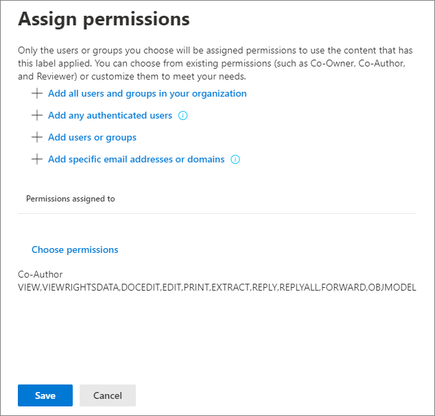 Options to assign permissions to users.