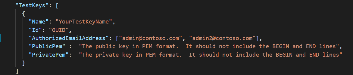 The appsettings.json file showing email authorization method.