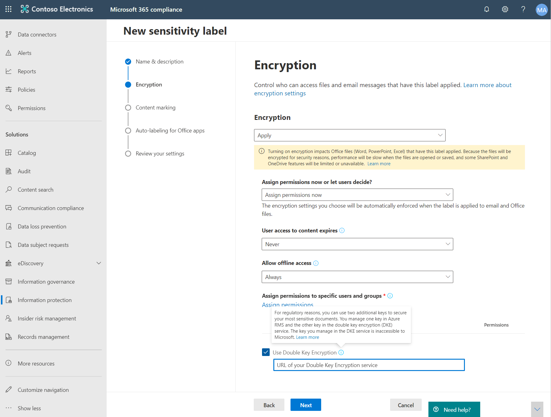 Select Use Double Key Encryption in the Microsoft Purview compliance portal.