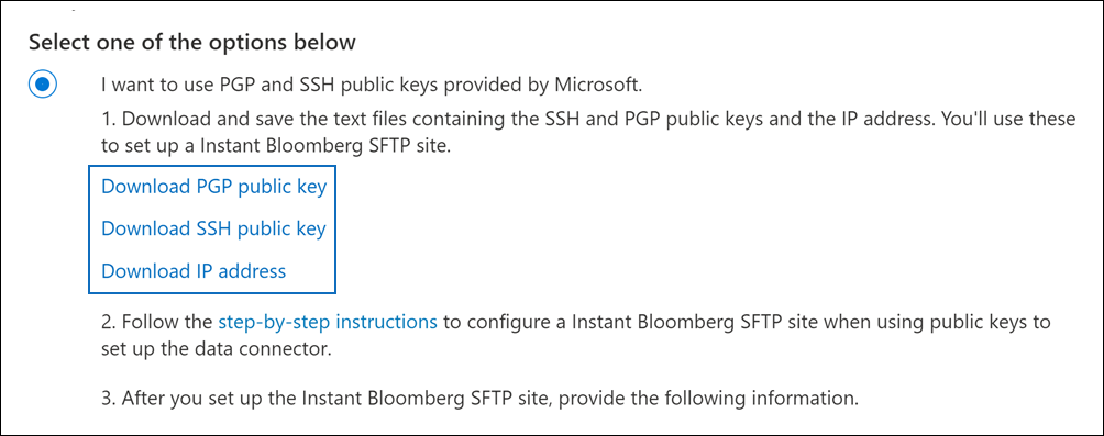 Links to download public keys and IP address.