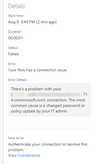 Screenshot of the error details including Time, Status, Error, Error Details, and how to fix.