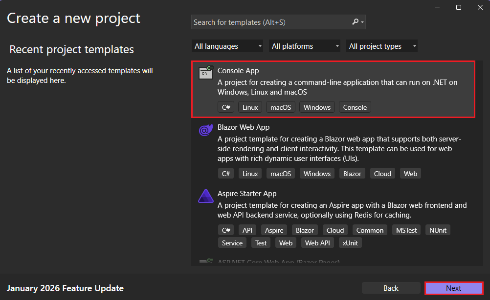Create a new project window with filters selected