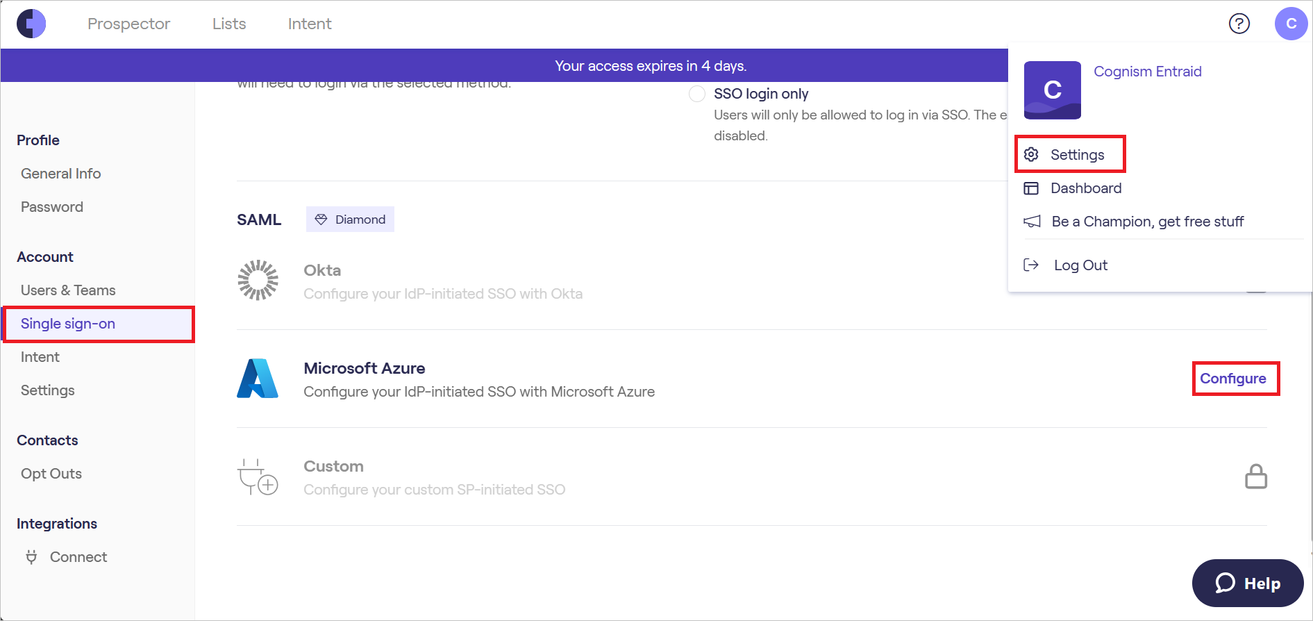 Settings Screenshot shows Settings for the configuration.