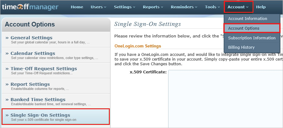 Single Sign-On Settings Screenshot shows Single Sign-On Settings selected from Account Options.