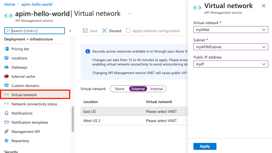 VNet settings in the portal.