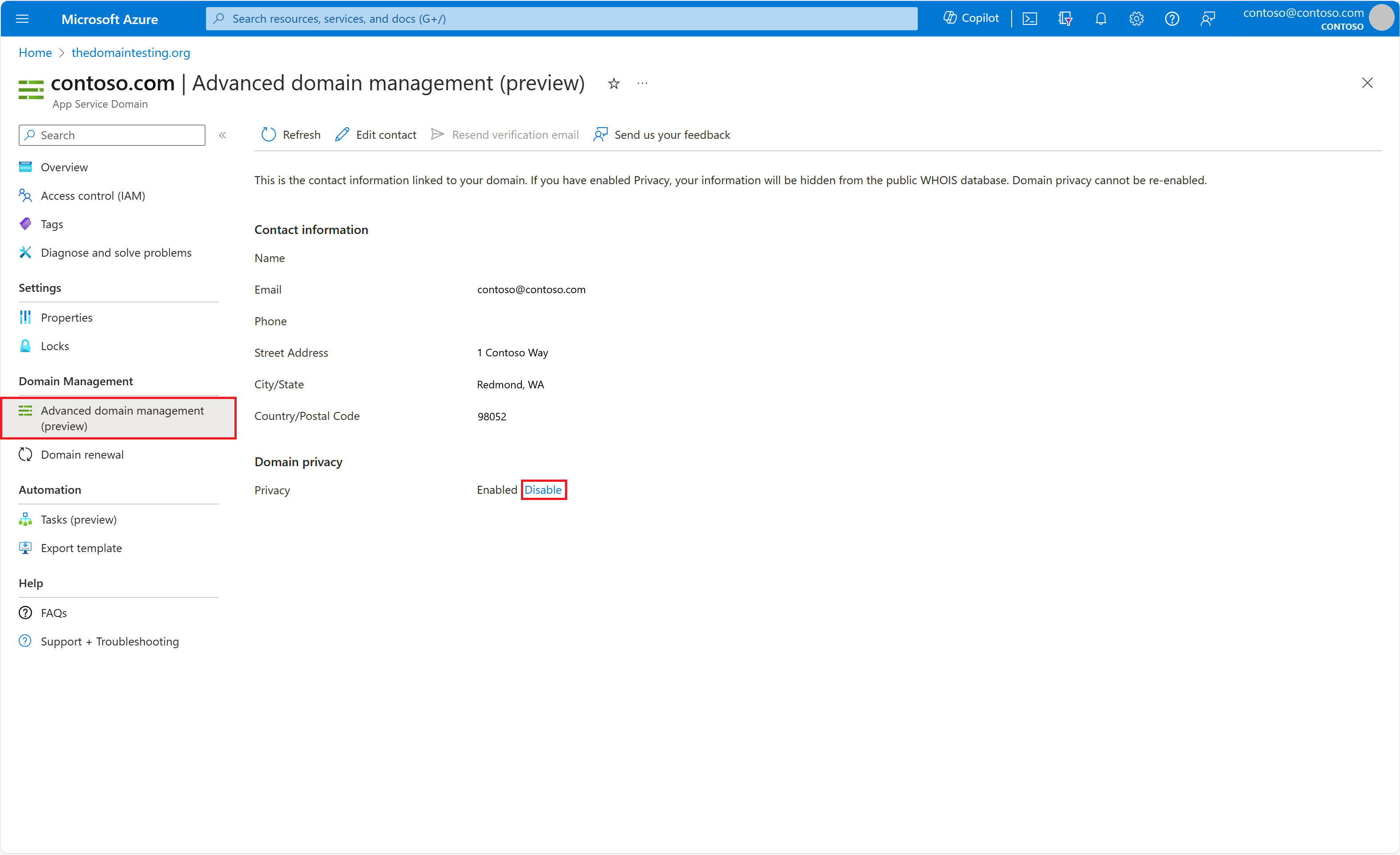 Screenshot showing where to disable privacy for a purchased domain.