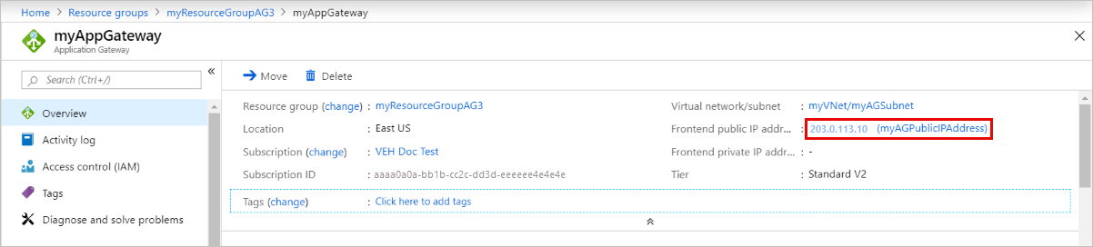 Record application gateway public IP address