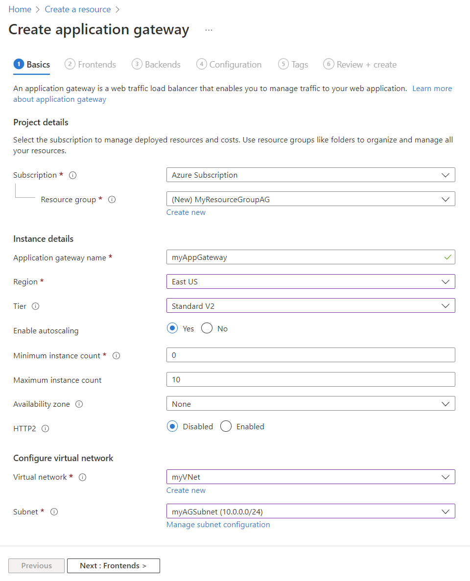 Screenshot of Basics tab of Create application gateway page.