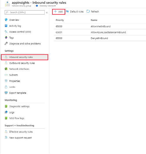 Screenshot that shows the inbound security rules tab in the network security group resource.