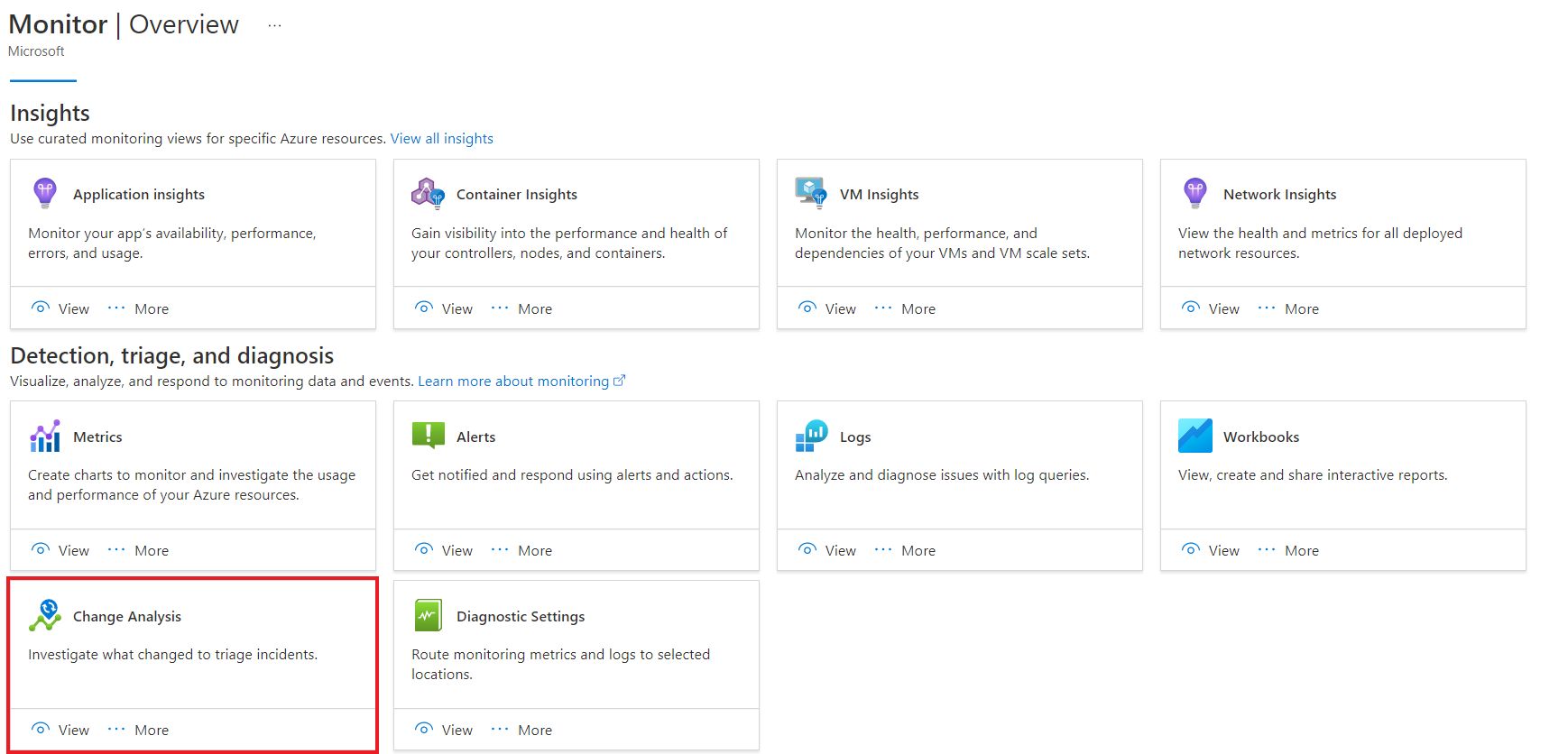 Screenshot of selecting the Change Analysis card on the Monitor overview page.