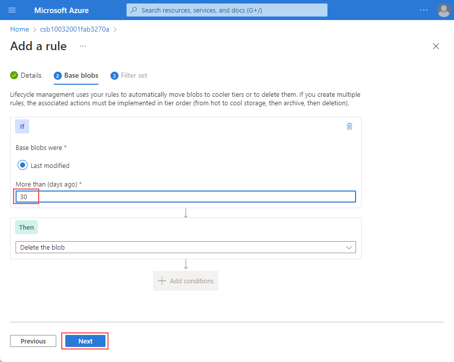 A screenshot showing the Base blobs tab for adding a lifecycle rule.