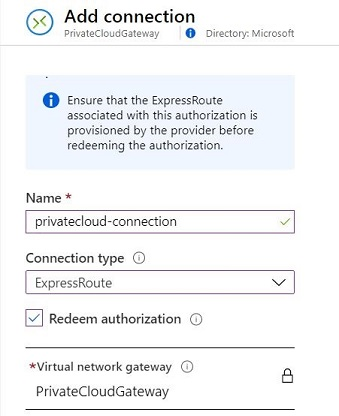 Screenshot of the Add connection pane for connecting ExpressRoute to the virtual network.