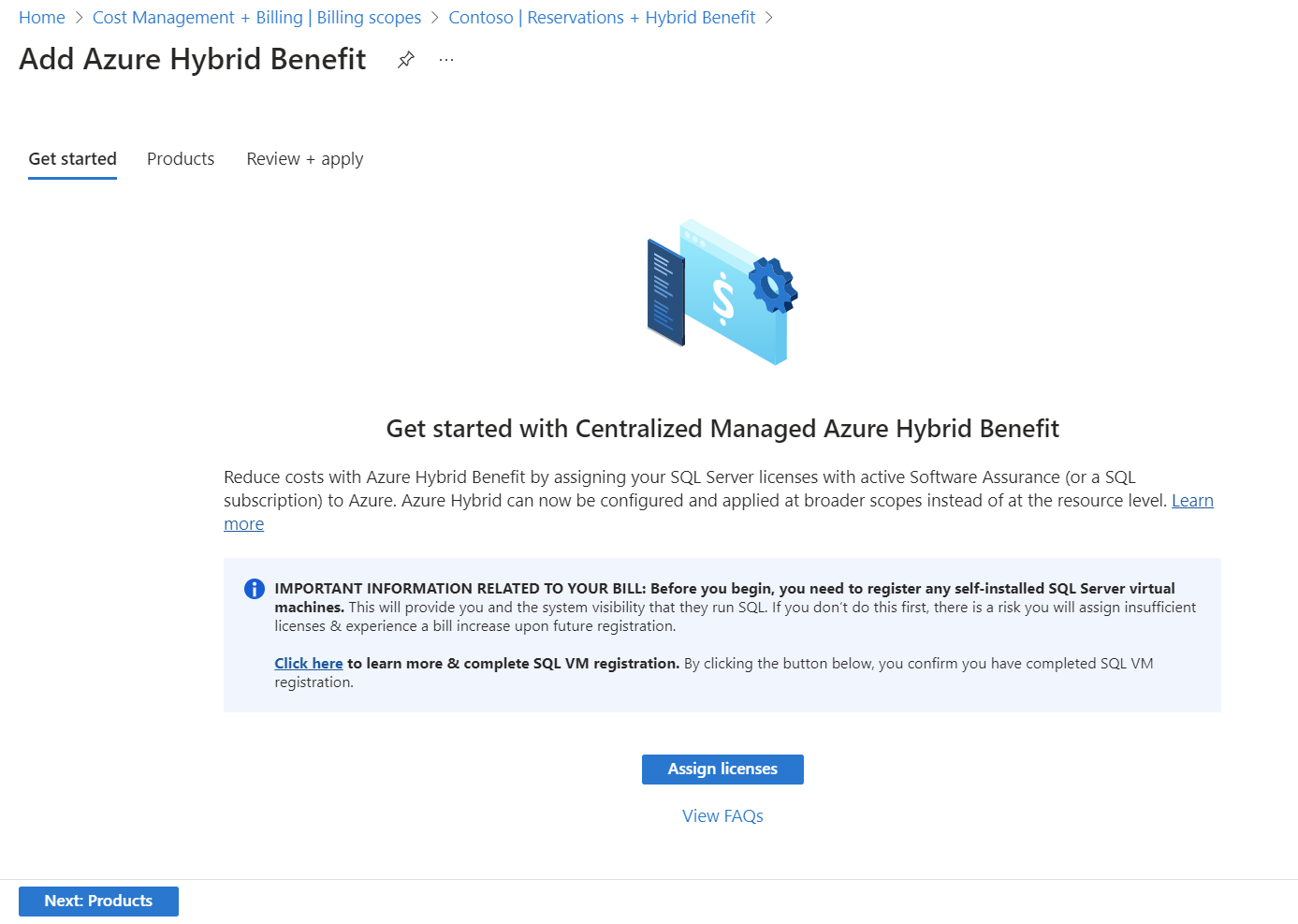 Screenshot showing Get started with Centrally Managed Azure Hybrid Benefit selection.