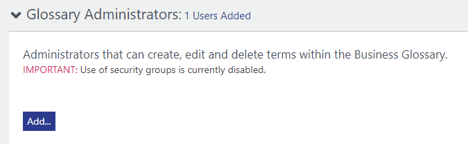 Glossary Administrators expanded and the add button highlighted.