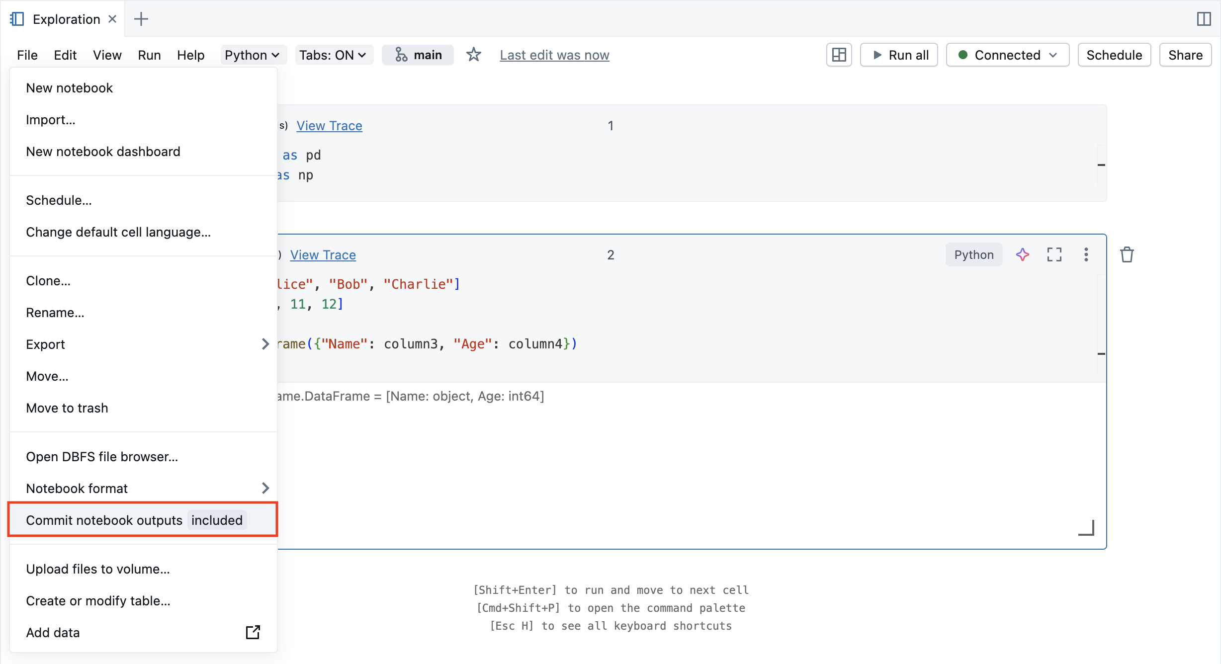 Notebook editor: Commit notebooks outputs status and control.