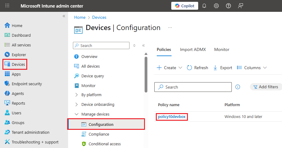 Screenshot that shows the Microsoft Intune admin center with the Devices pane and Device configuration highlighted.