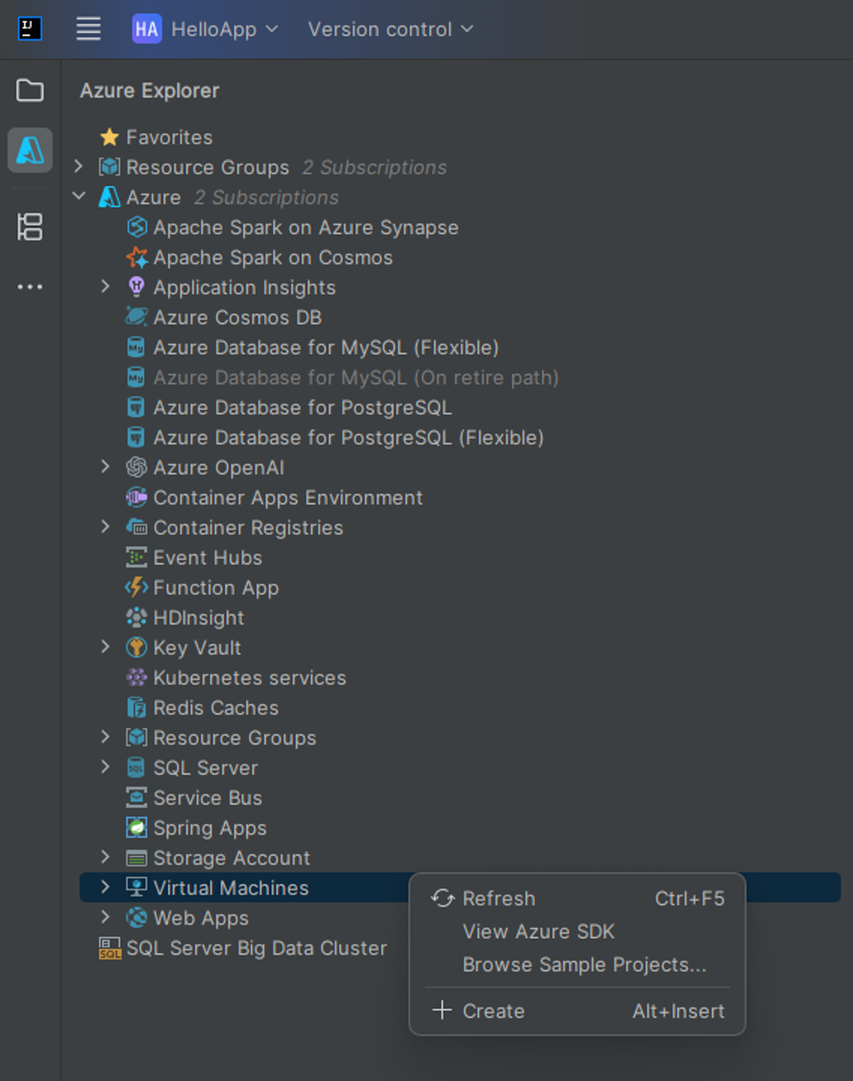 Create VM option in Azure Explorer.
