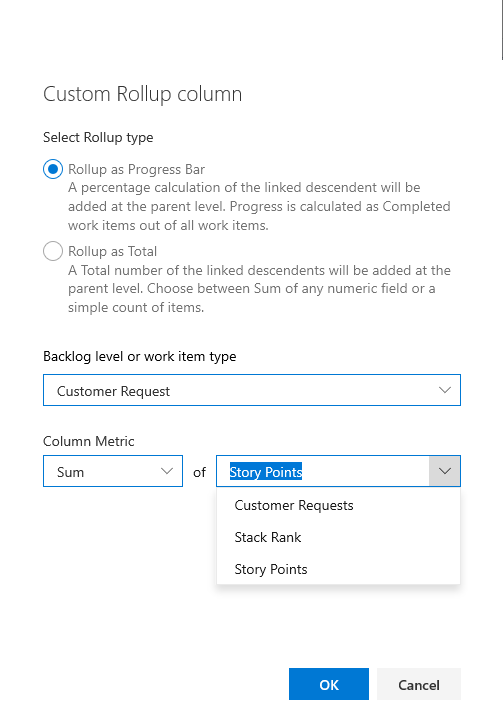 Screenshot of Custom Rollup column dialog.