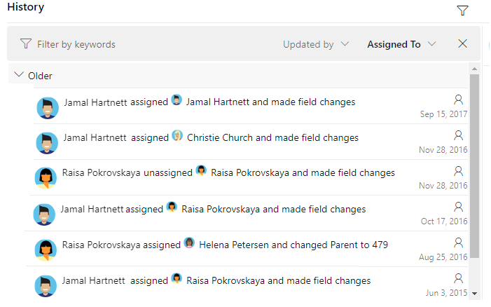 Screenshot of Work item form, History tab, Filter on changes made to Assigned To field.