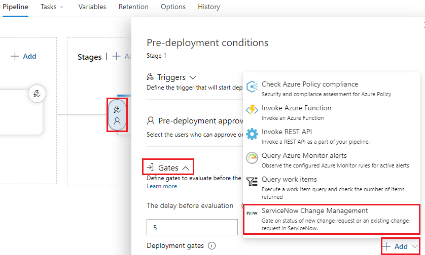 A screenshot showing how to add a pre-deployment gate.