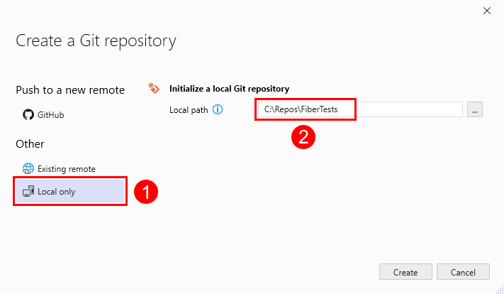 Screenshot of the 'Create a Git repository' window with the 'Local only' option selected in Visual Studio 2019.