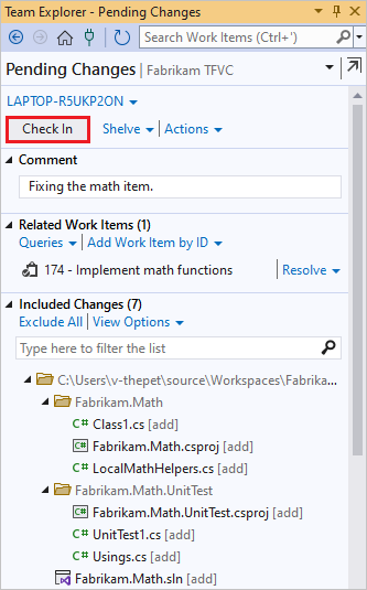 Screenshot of checking in the Pending Changes.
