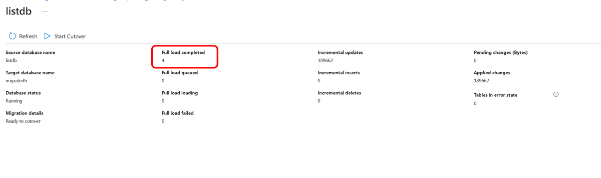 Screenshot of migration full load details screen.