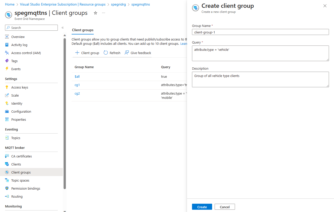 Screenshot of client group configuration.