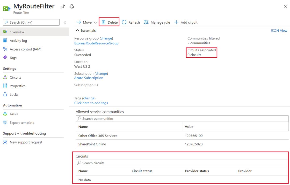 Screenshot that shows how to delete a route filter.